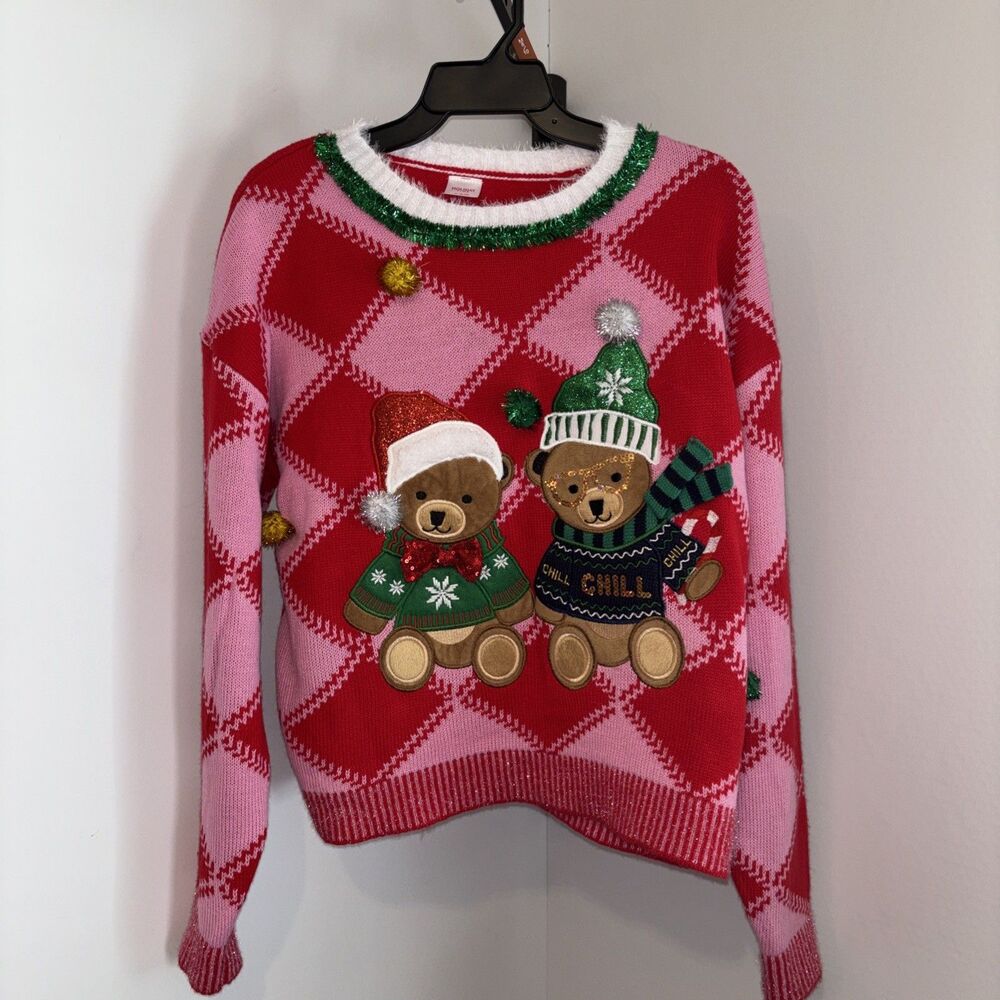 Woman Ugly Christmas Med Sweater Bears Pink Red Party Holiday Time Chest 44" NWT